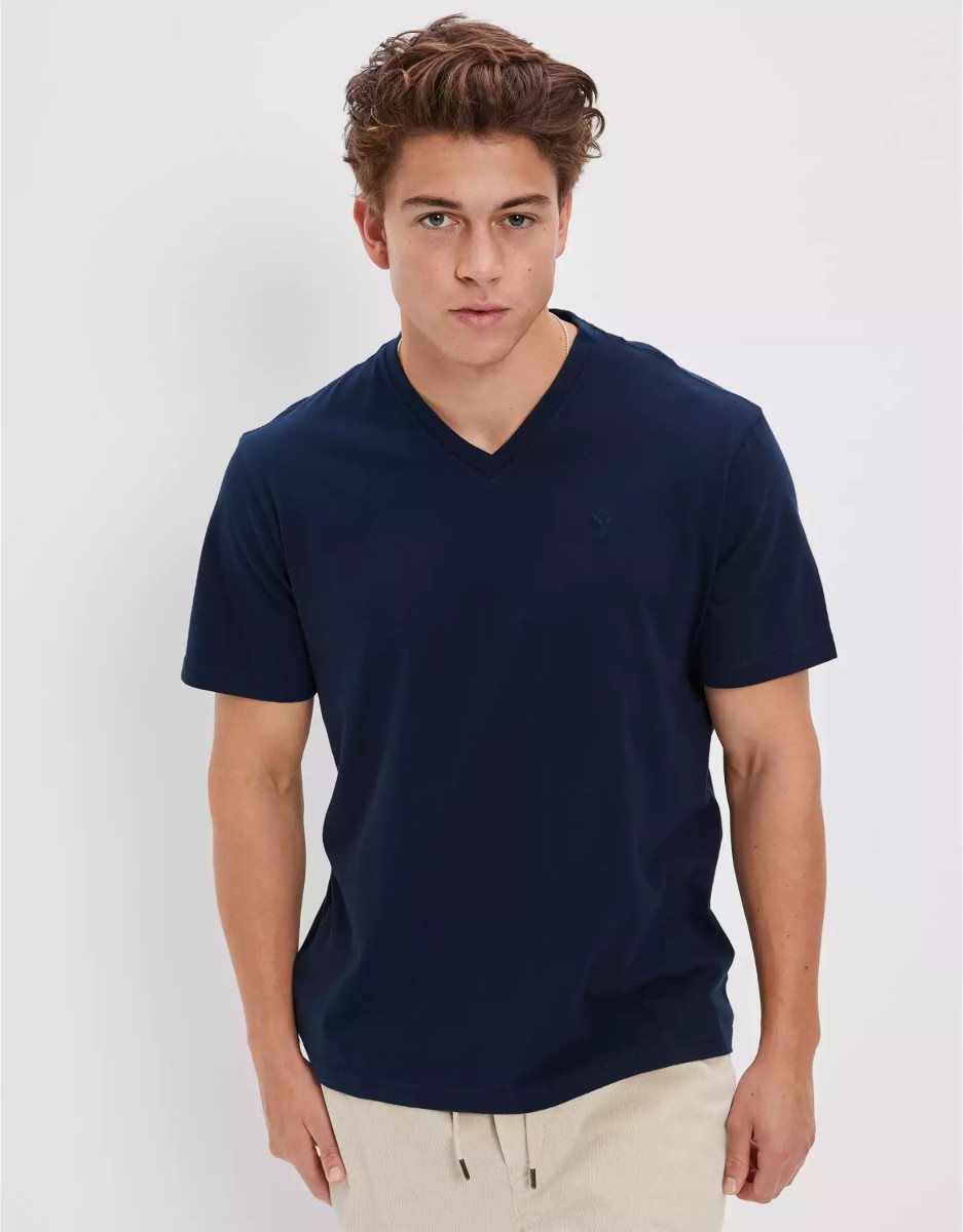 T Shirts American Eagle AE Super Soft Legend V-Neck Bleu Marine Homme | FSU-25171428